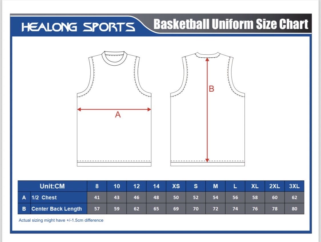リバーシブルジャージ（ジュニア）サイズ表